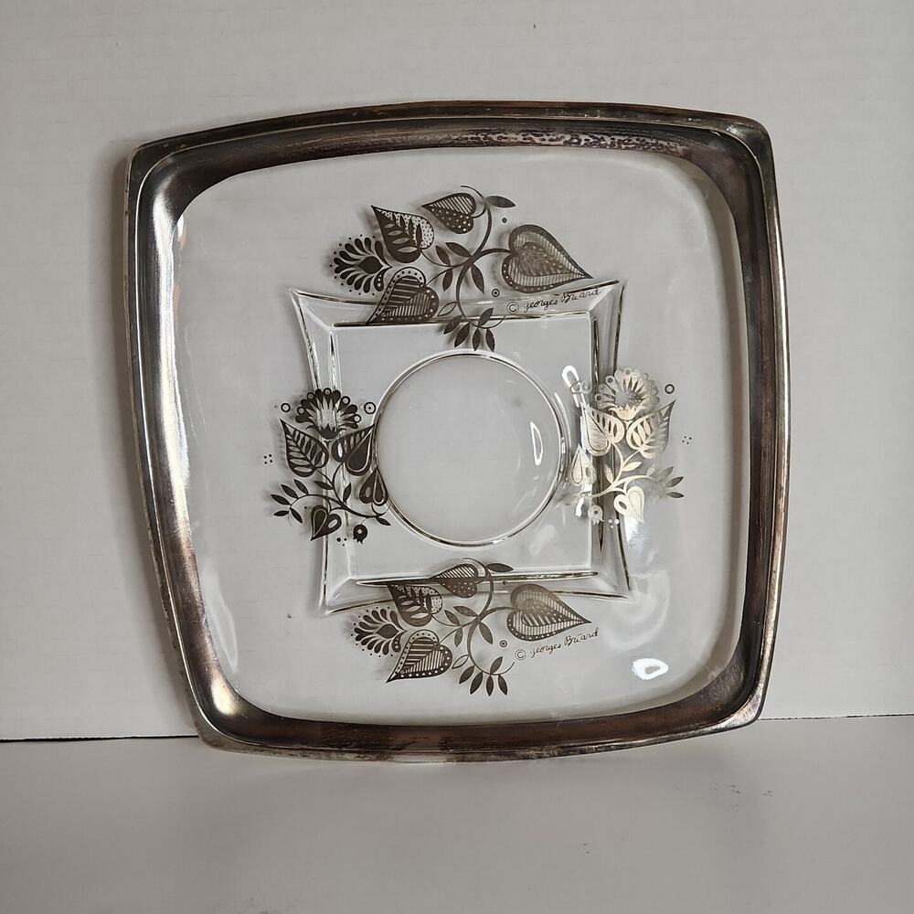 Vtg Georges Briard DAMASK Silver Rim Floral Leafs Square Serving Tray 9" MCM